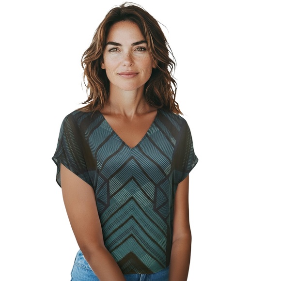 Vince Black, teal & Blue Chevron V-Neck silk short sleeve blouse size small - Picture 1 of 11